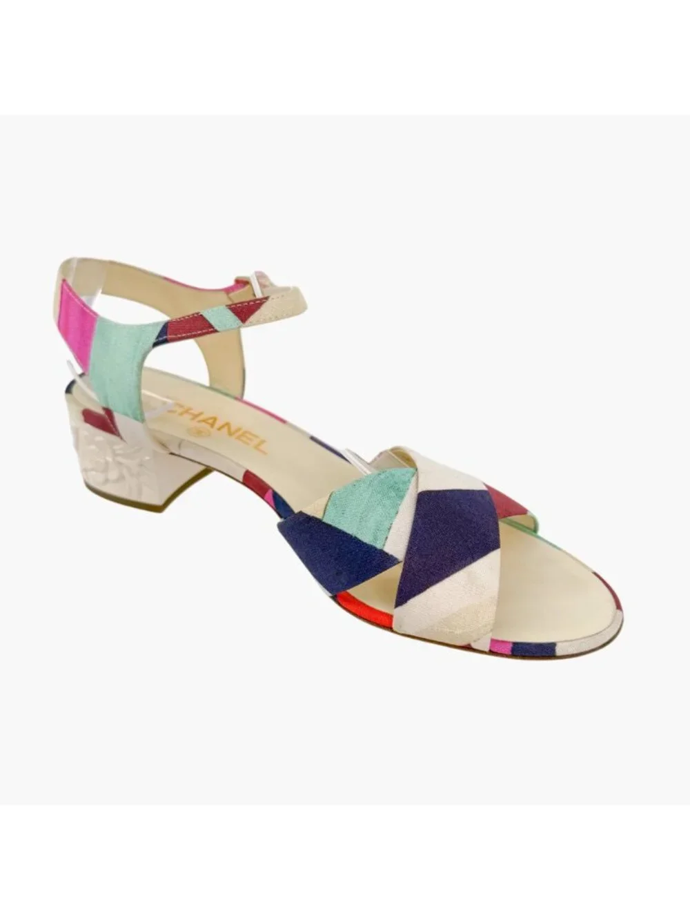 Chanel CC Patchwork Canvas Flower Block Heel Sandals Size 40 US 9-9.5 Multicolor